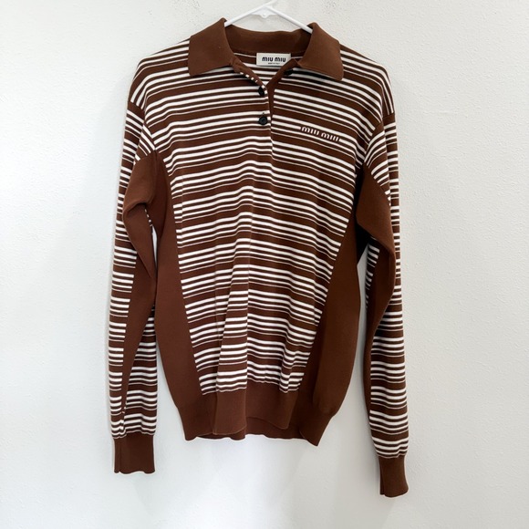 Miu Miu Sweaters - Miu Miu Striped Cotton Polo Shirt Brown Boho Preppy Retro Sweater Top 36/XS